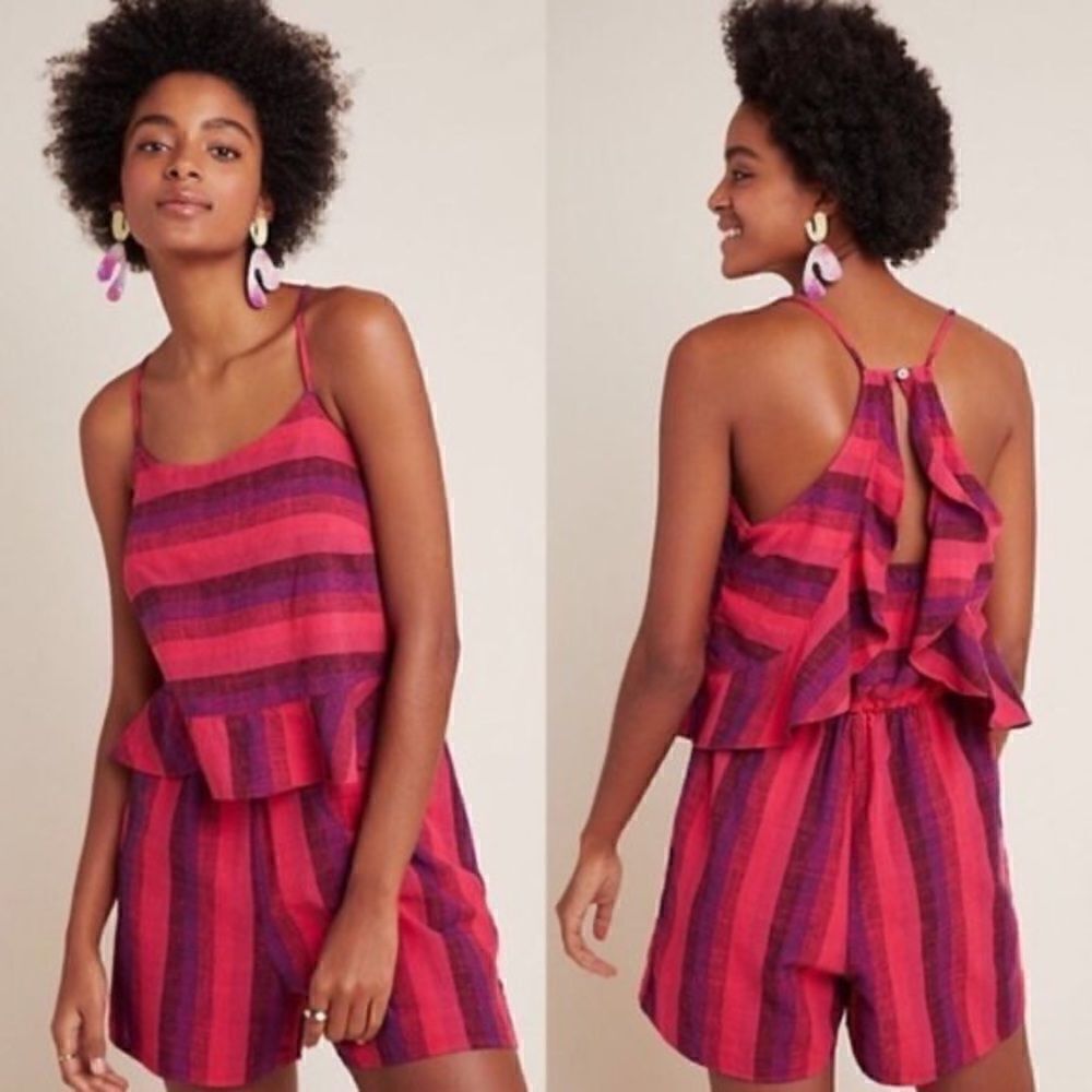 Revolve Anthropologie Amadi Melia Ruffle Open Back Striped Romper